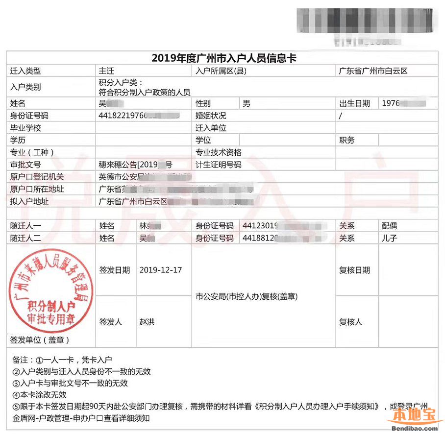 2021年度广州积分入户人员信息卡（样本）