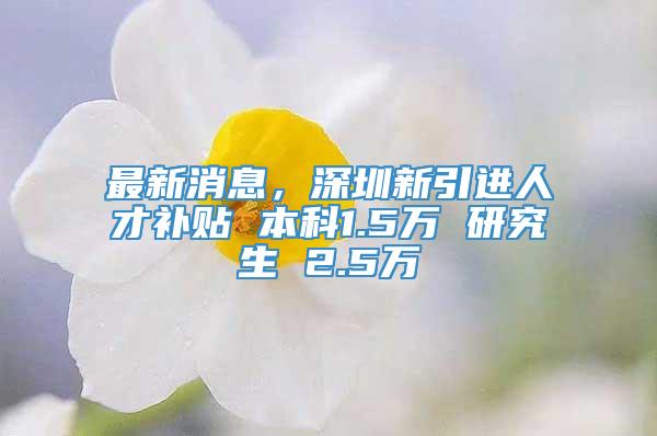 最新消息，深圳新引进人才补贴 本科1.5万 研究生 2.5万