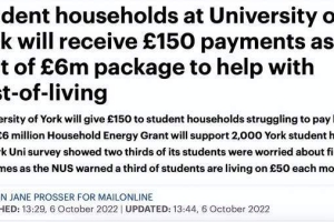 发钱啦！英国约克大学将向学生发放600万英镑补贴
